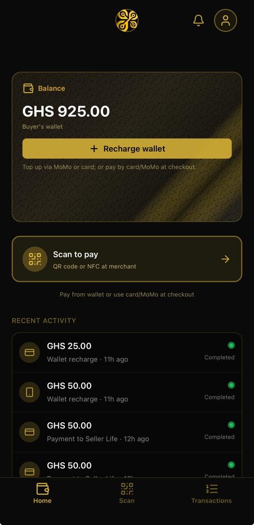 Sikani Pay App — Wallet balance, scan to pay, and recent transactions