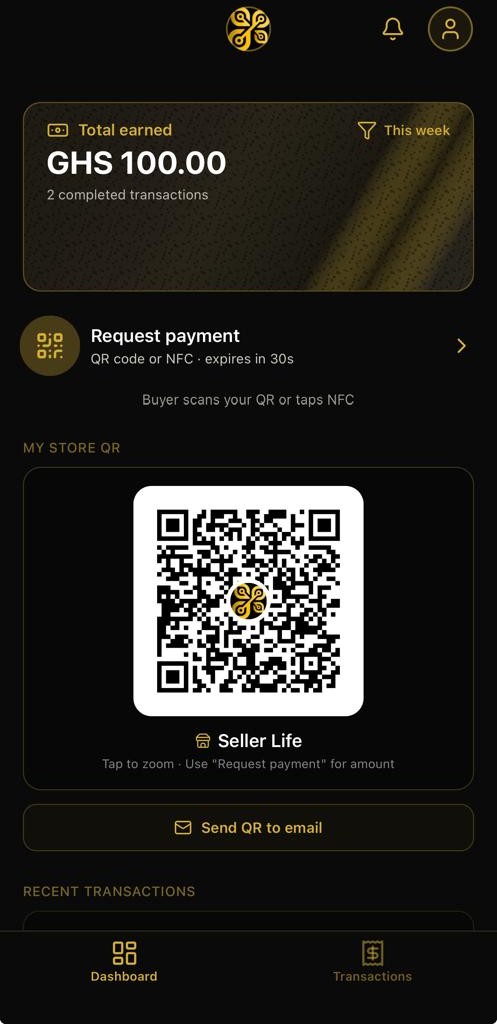 Sikani Seller App — Dashboard with earnings overview and QR code